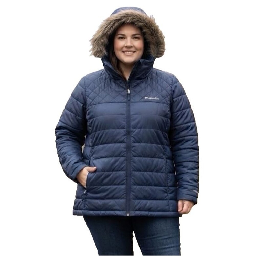Columbia women's blue quilted faux fur hood winter jacket 2X blue
